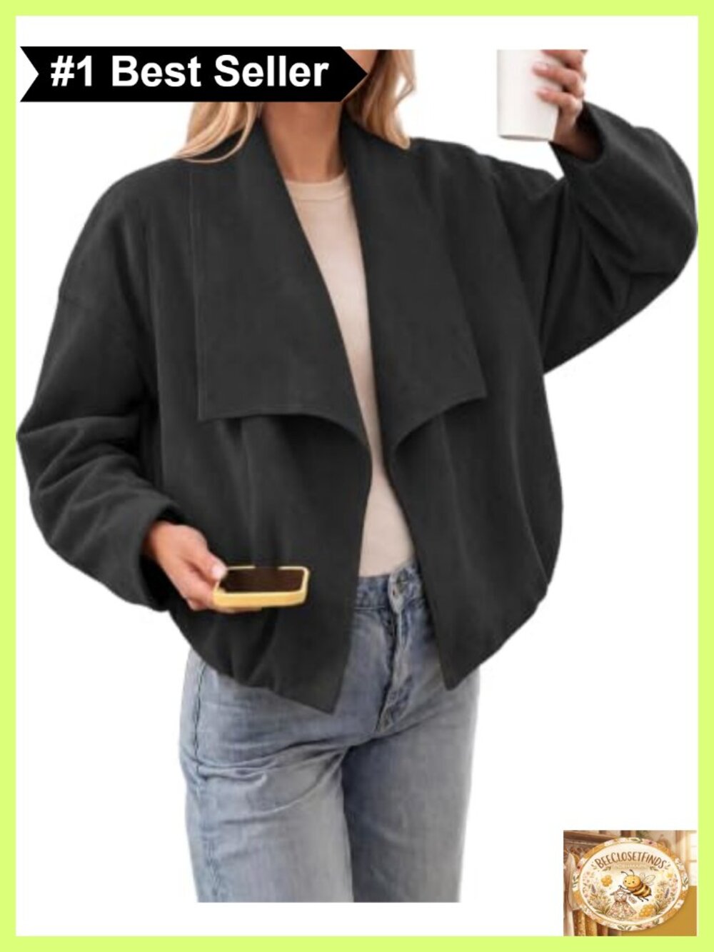 Faux Suede Cropped Open Front Oversized Jacket Womens